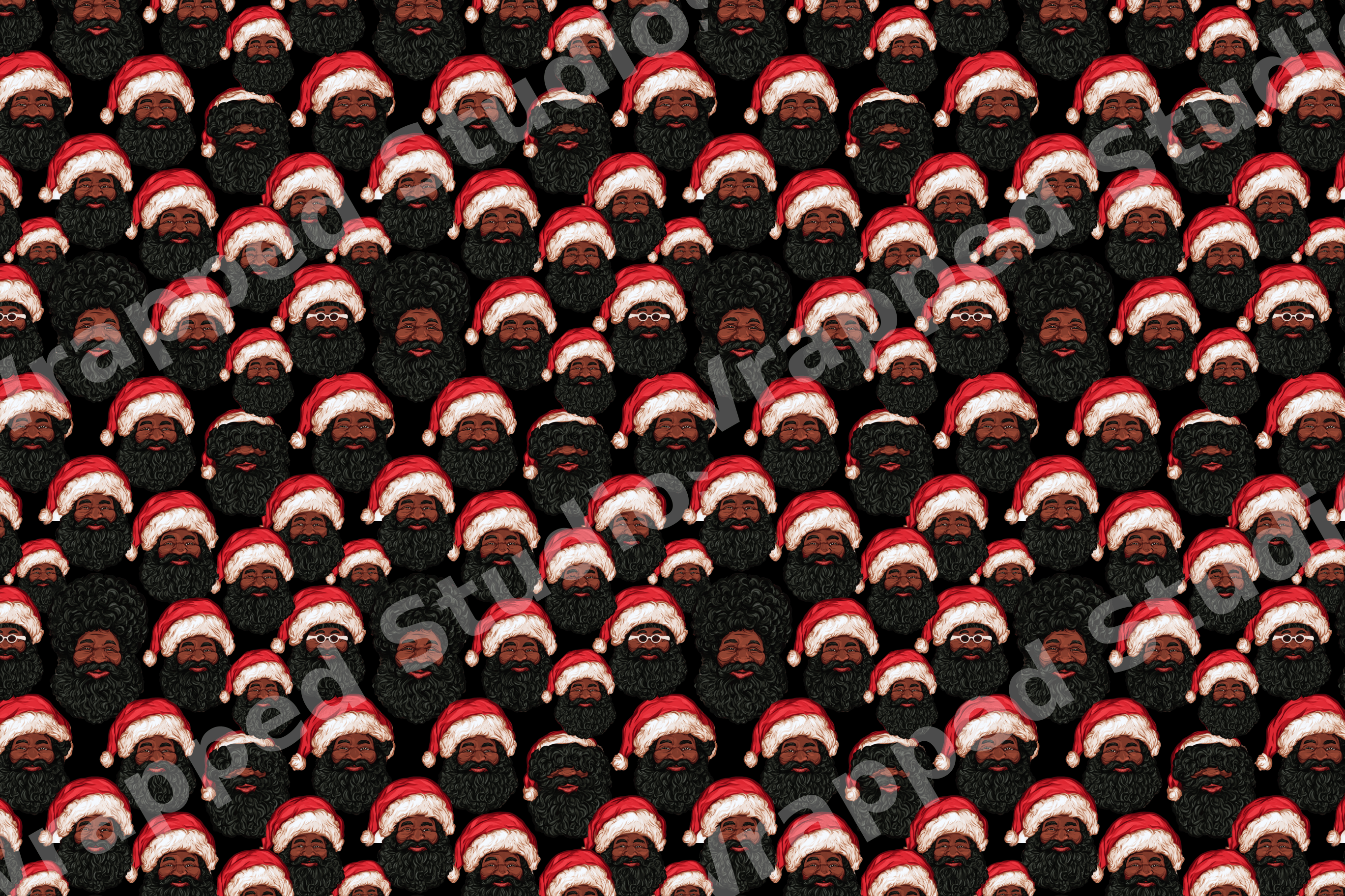 Festive Christmas pattern featuring illustrated Black Santa Claus faces on a black background.