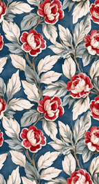 Vintage botanical floral pattern featuring red roses and cream leaves on a navy blue background.