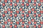 Vintage floral pattern featuring red roses and cream leaves on a navy blue background.