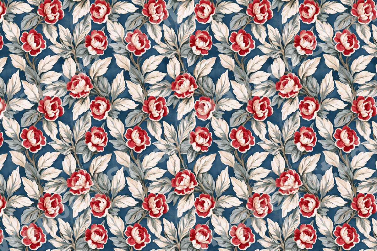 Vintage floral pattern featuring red roses and cream leaves on a navy blue background.