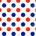 Playful red and blue polka dot pattern on an off-white background with a classic retro aesthetic.