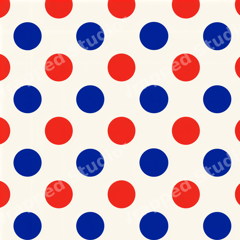 Playful red and blue polka dot pattern on an off-white background with a classic retro aesthetic.
