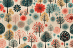 Colorful botanical pattern with whimsical trees and flowers on a light beige background.