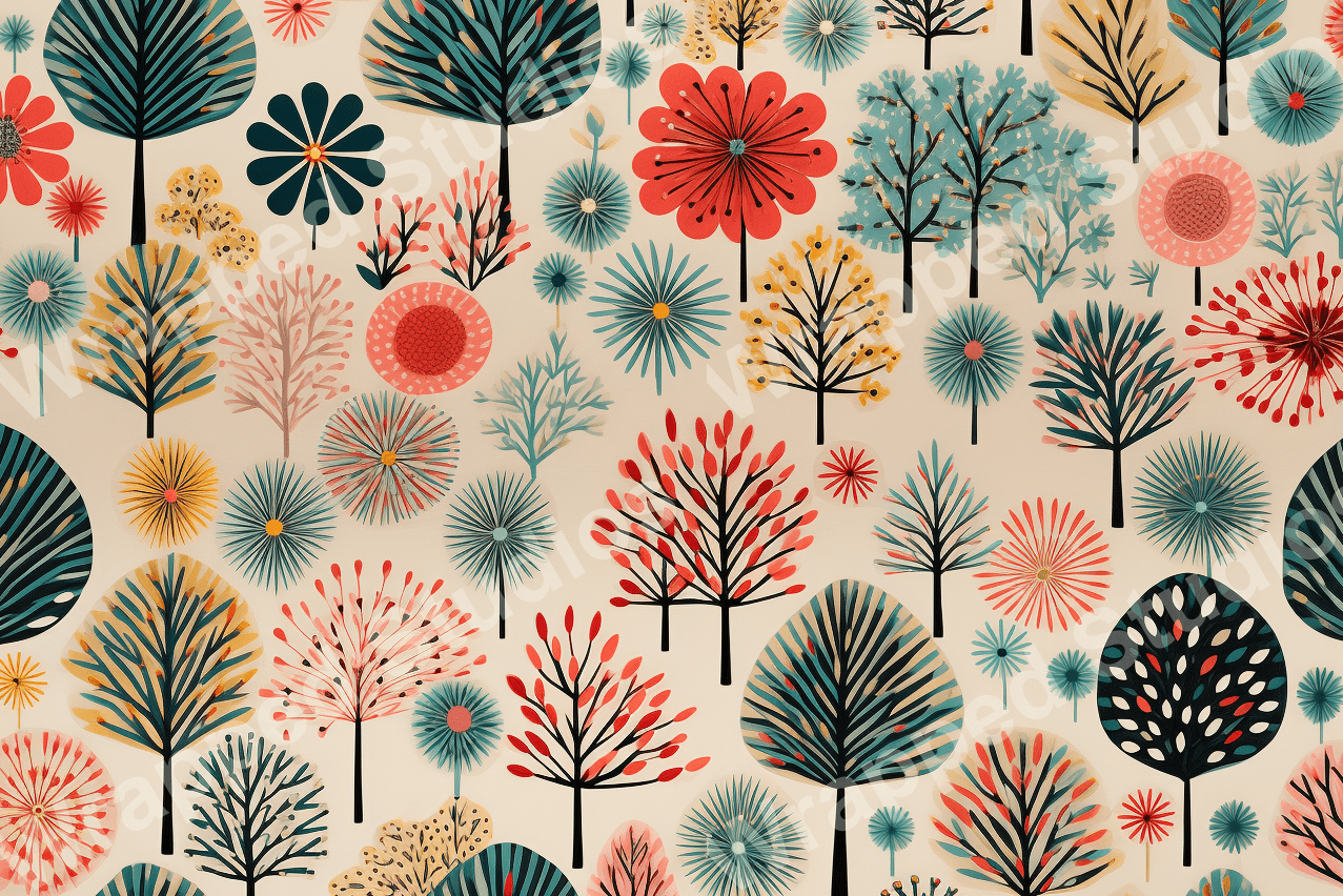 Colorful botanical pattern with whimsical trees and flowers on a light beige background.