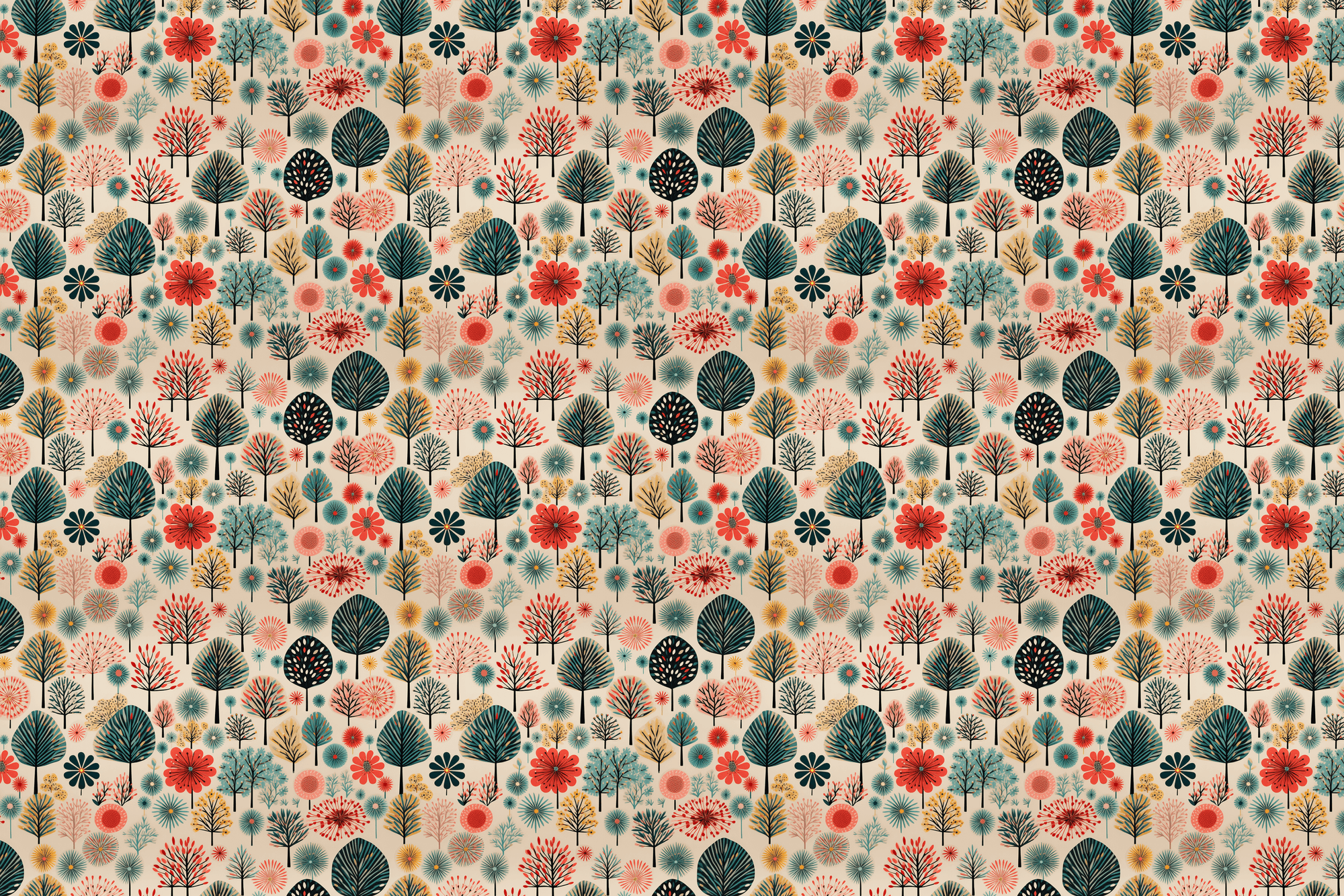 Pattern of stylized trees in various colors on a beige background