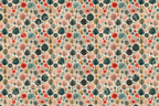 Retro floral pattern with stylized trees and flowers in teal, red, yellow, and black on a beige background.