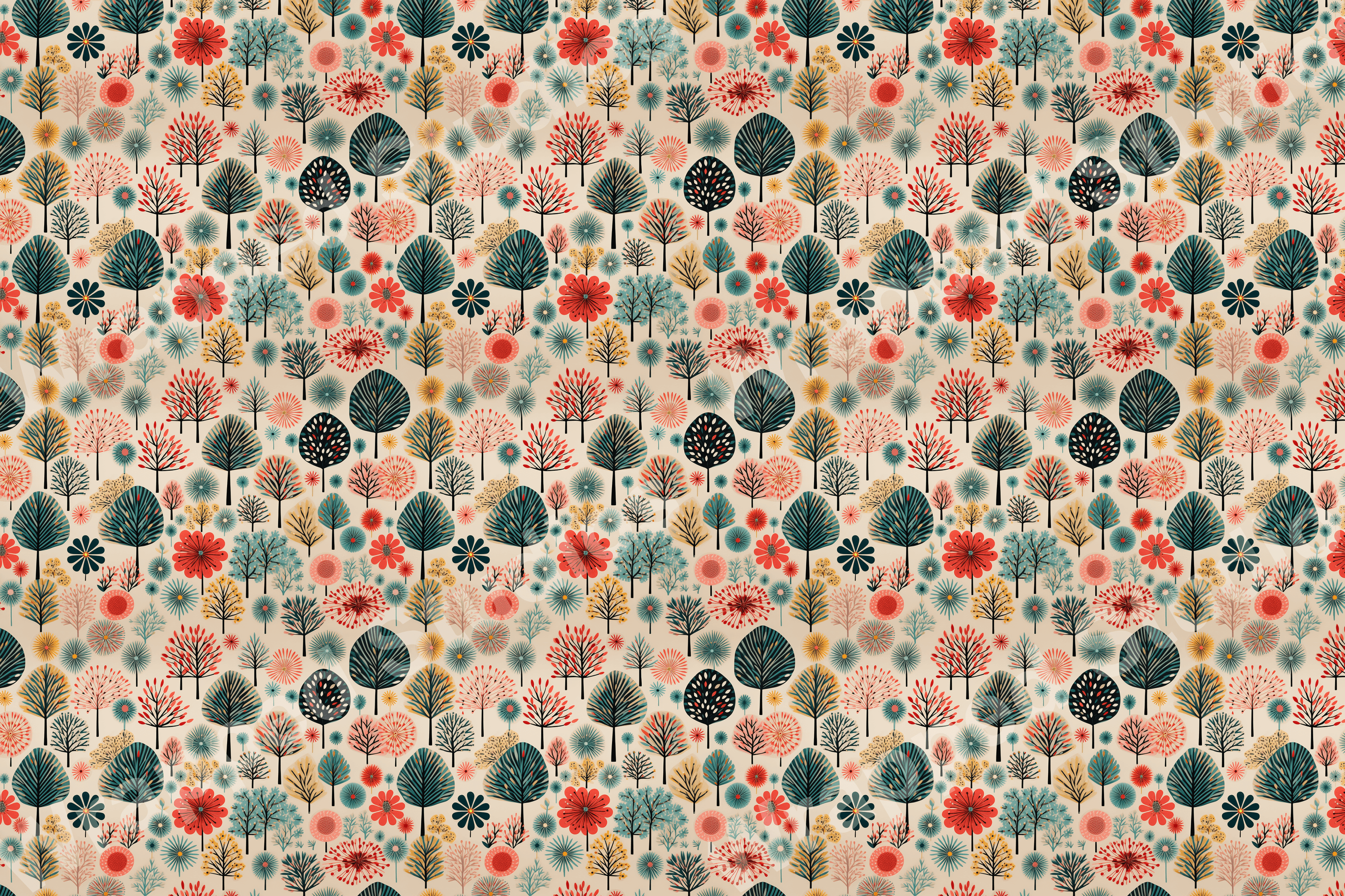 Retro floral pattern with stylized trees and flowers in teal, red, yellow, and black on a beige background.
