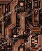 Copper and black seamless circuit board pattern with a futuristic cyberpunk tech aesthetic.