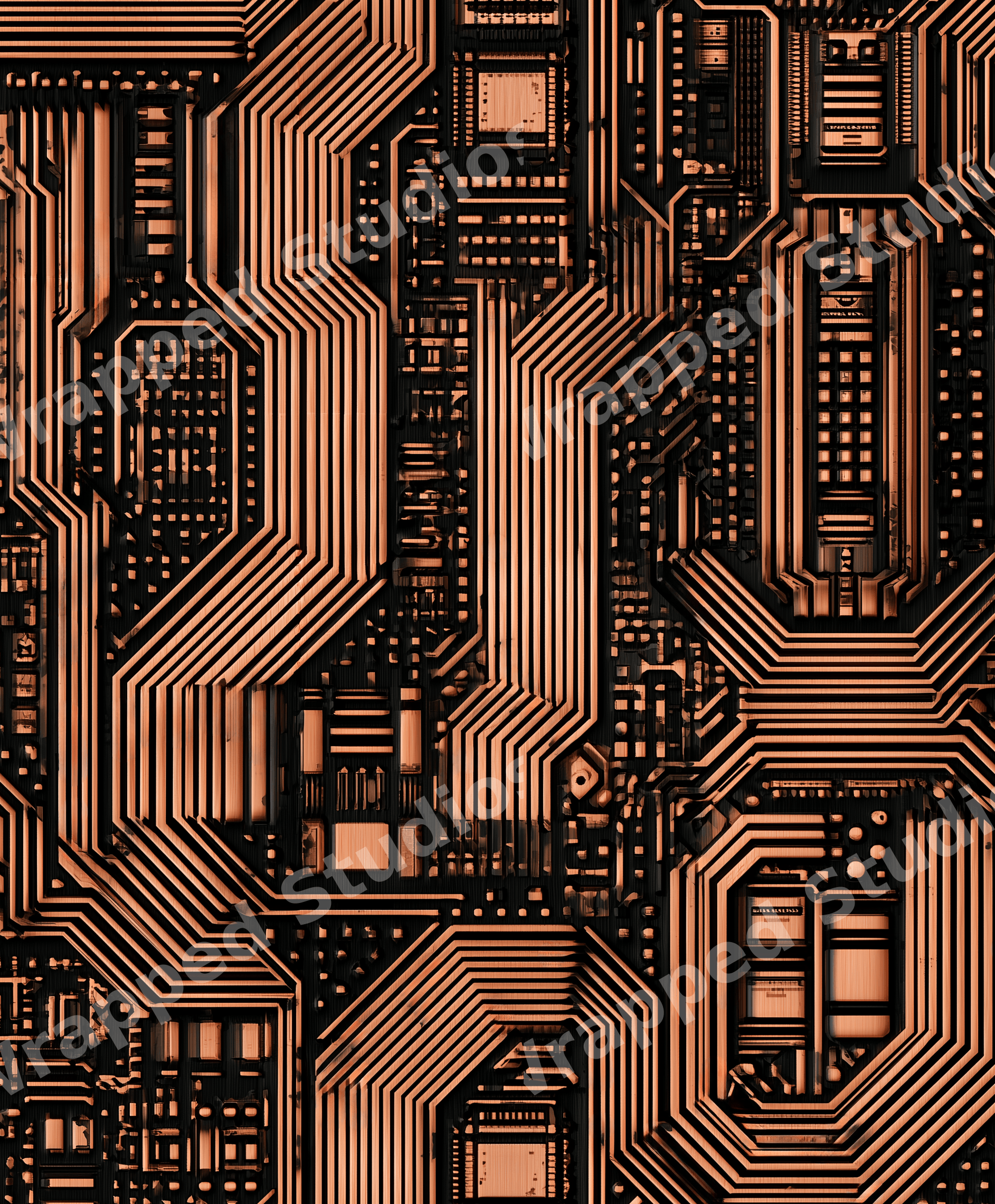 Copper and black seamless circuit board pattern with a futuristic cyberpunk tech aesthetic.