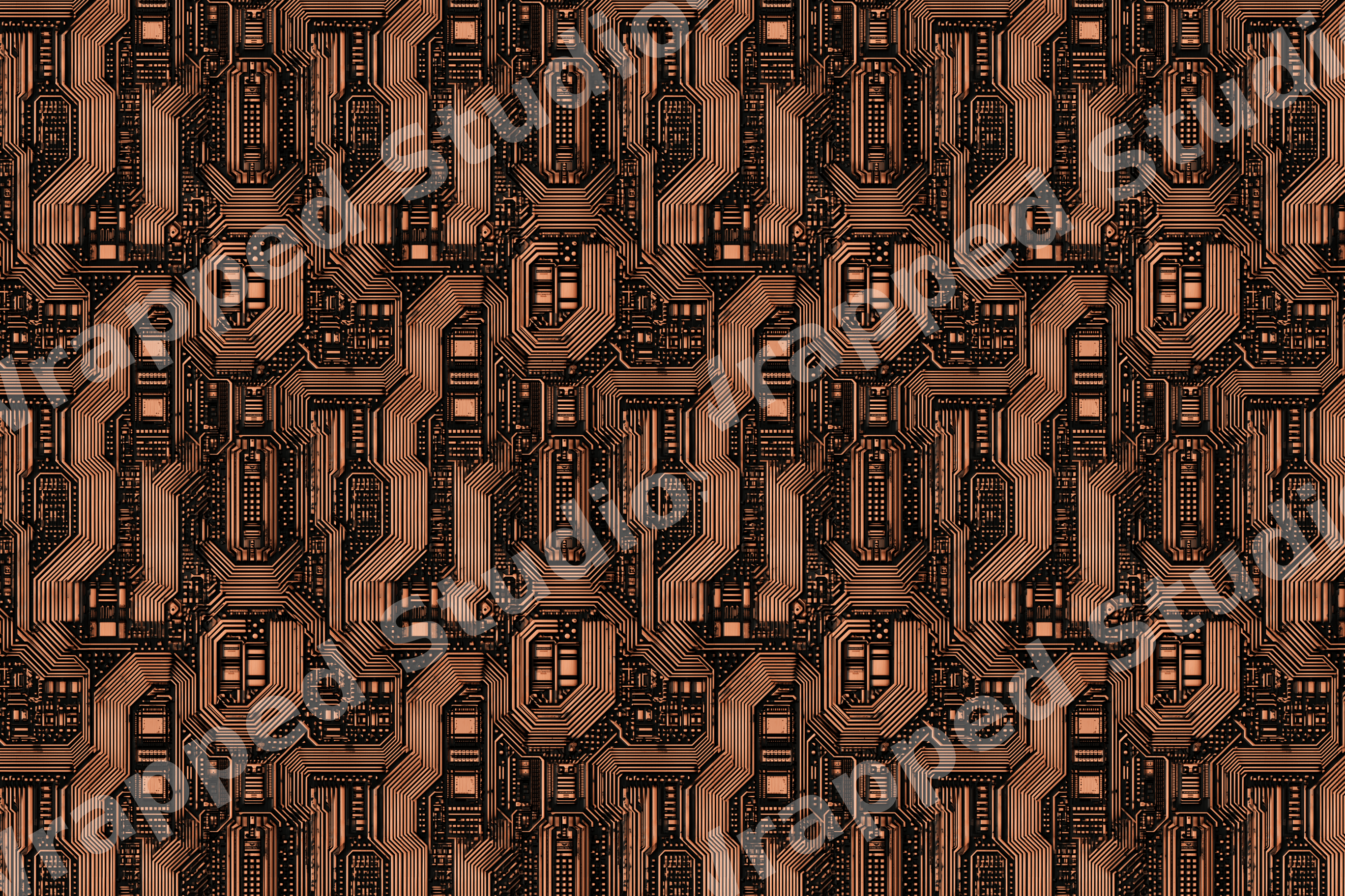 Seamless copper circuit board pattern with a futuristic cyberpunk geometric design.