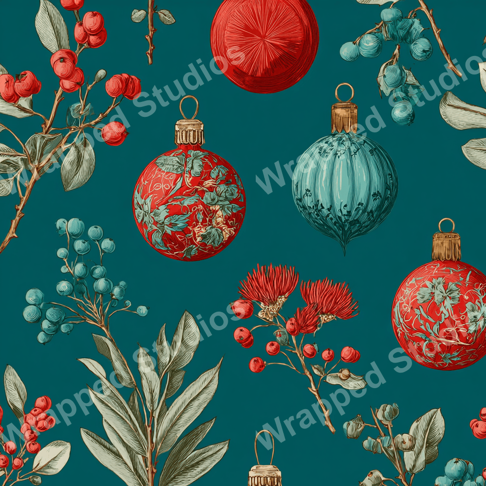 Vintage botanical Christmas pattern with red and teal ornaments, berries, and foliage on a dark teal background.