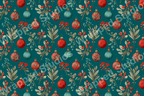 Vintage Christmas pattern with red and teal ornaments, red berries, and sage green leaves on a teal background.
