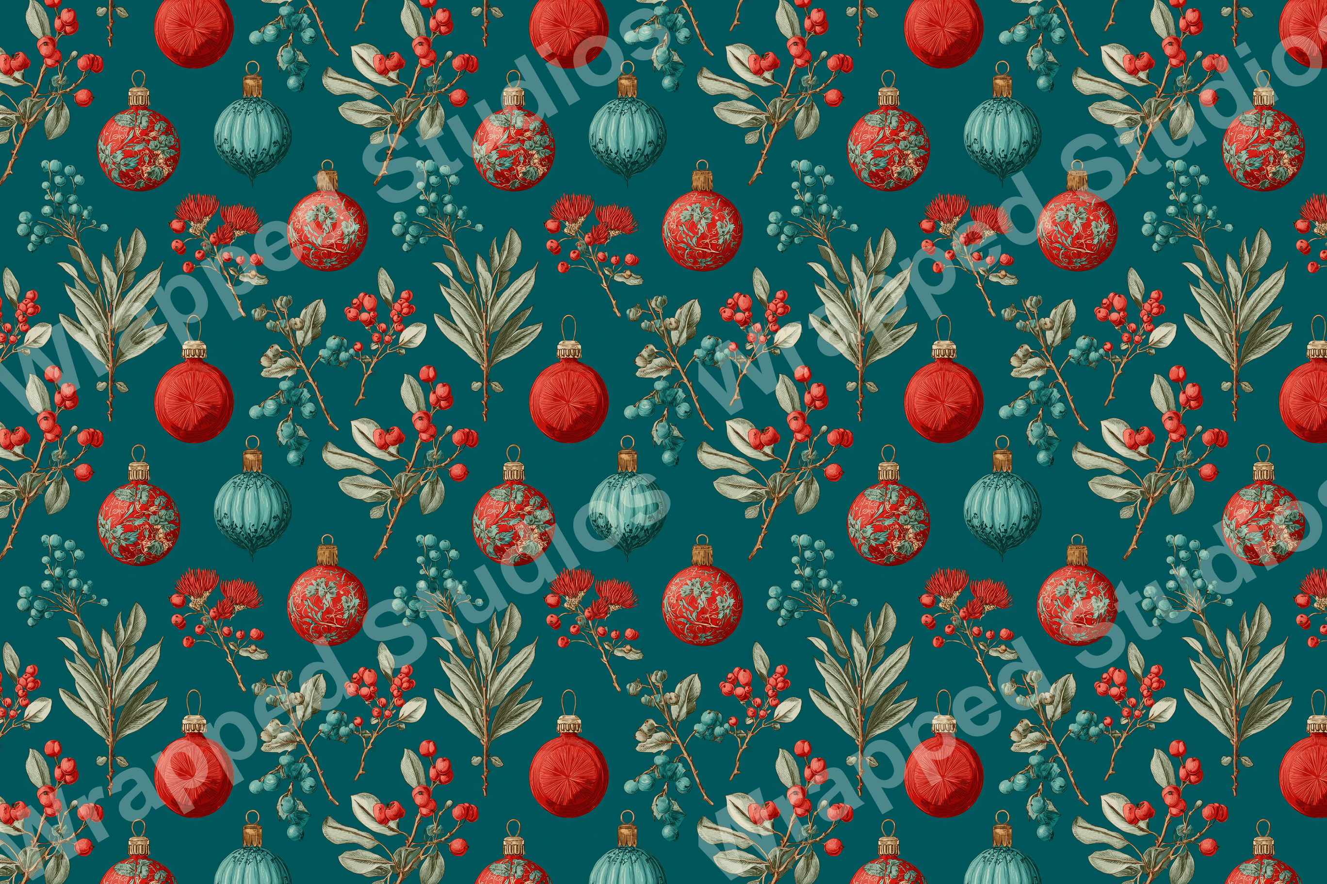 Vintage Christmas pattern with red and teal ornaments, red berries, and sage green leaves on a teal background.