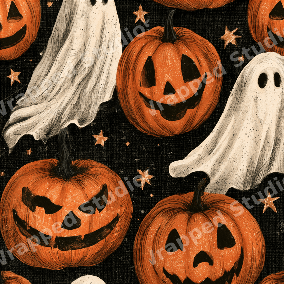 Vintage Halloween pattern with hand-drawn jack-o'-lanterns, spooky ghosts, and stars on a black background.