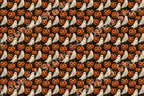 Vintage Halloween pattern with spooky white ghosts and carved orange jack-o'-lanterns on a black starry background.