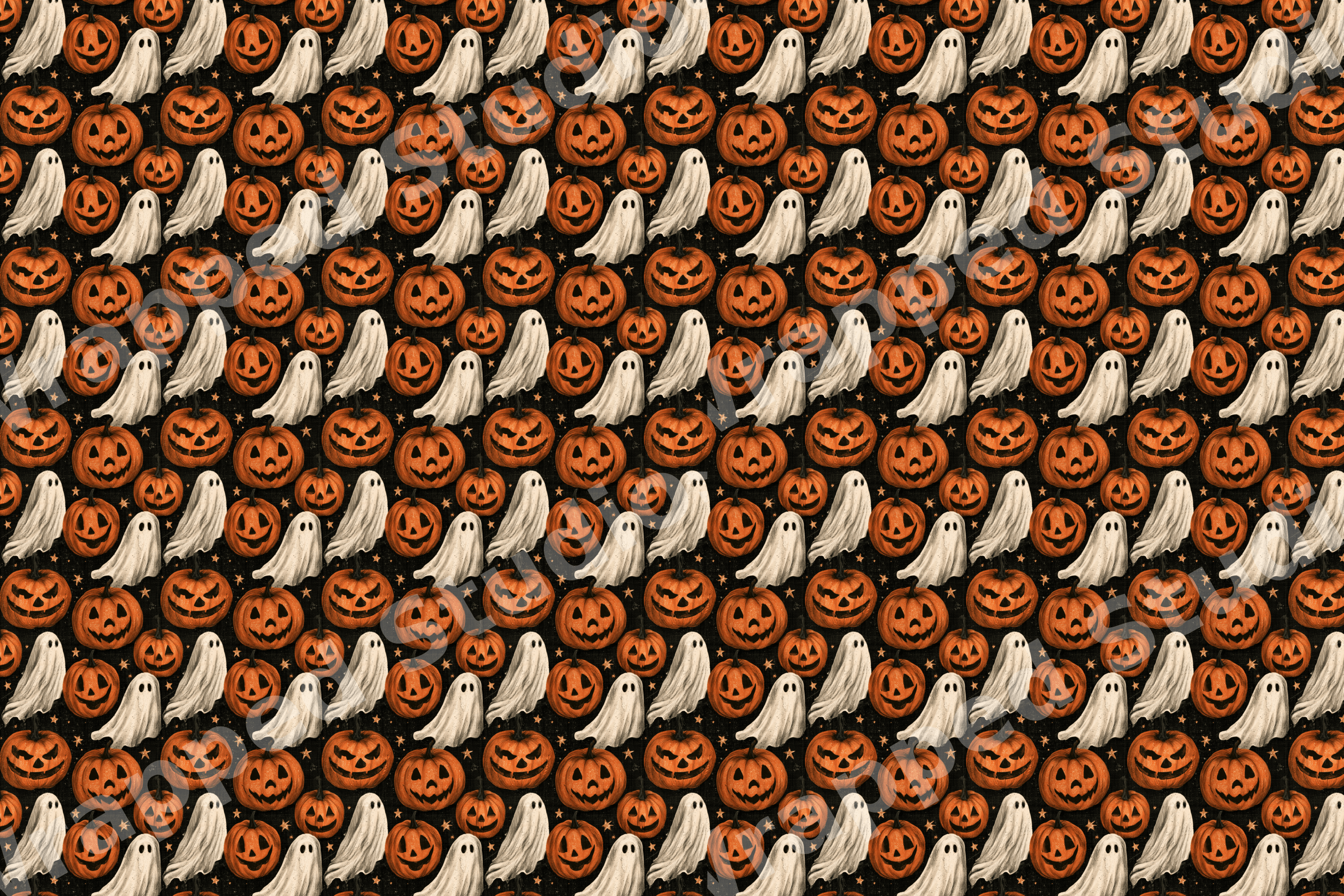 Vintage Halloween pattern with spooky white ghosts and carved orange jack-o'-lanterns on a black starry background.