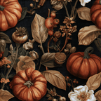 Moody autumn pattern featuring vintage botanical pumpkins, dried leaves, and flowers on a dark background.