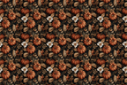 Vintage botanical pumpkin pattern with rustic orange pumpkins and autumn leaves on a dark background.