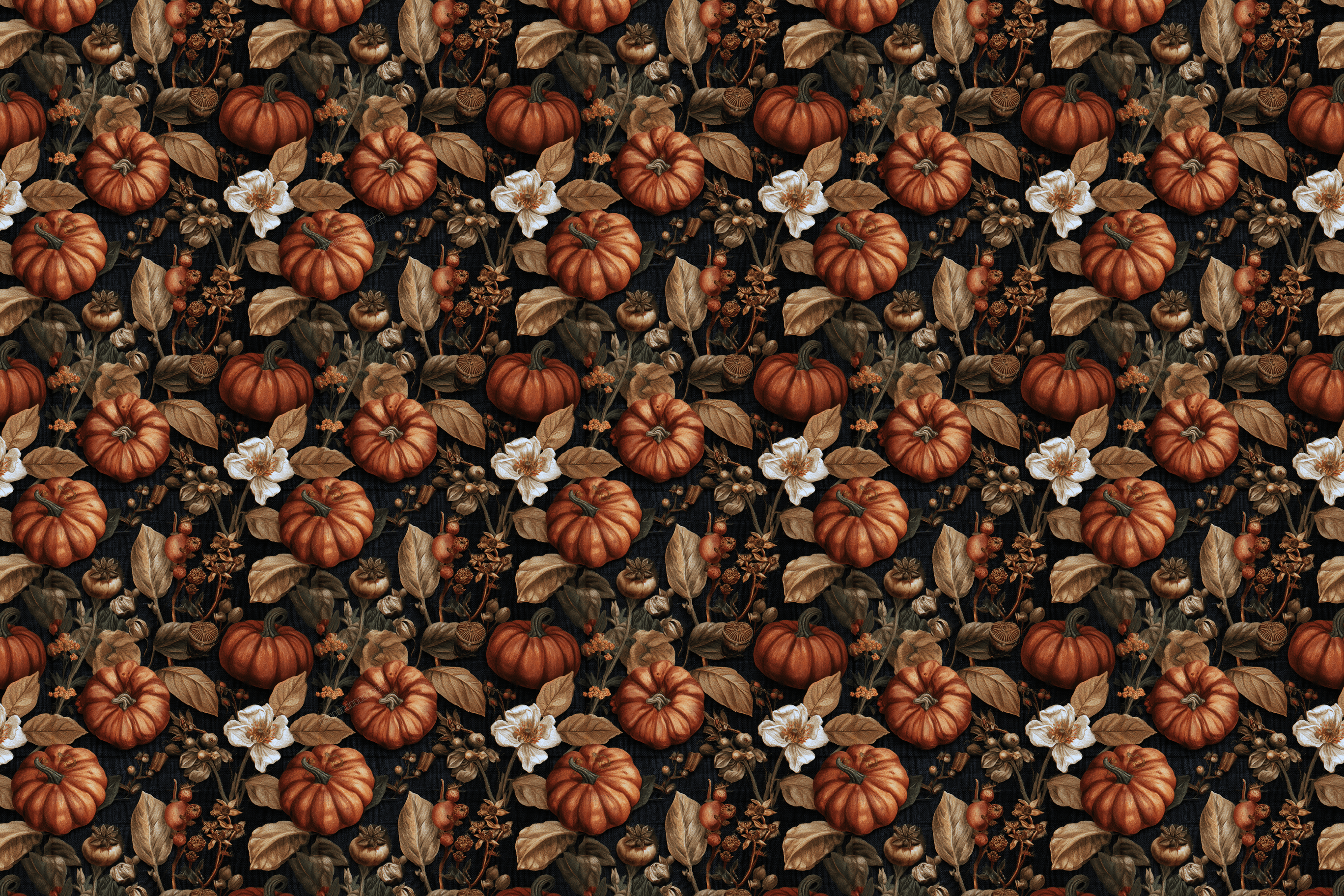 Vintage botanical pumpkin pattern with rustic orange pumpkins and autumn leaves on a dark background.