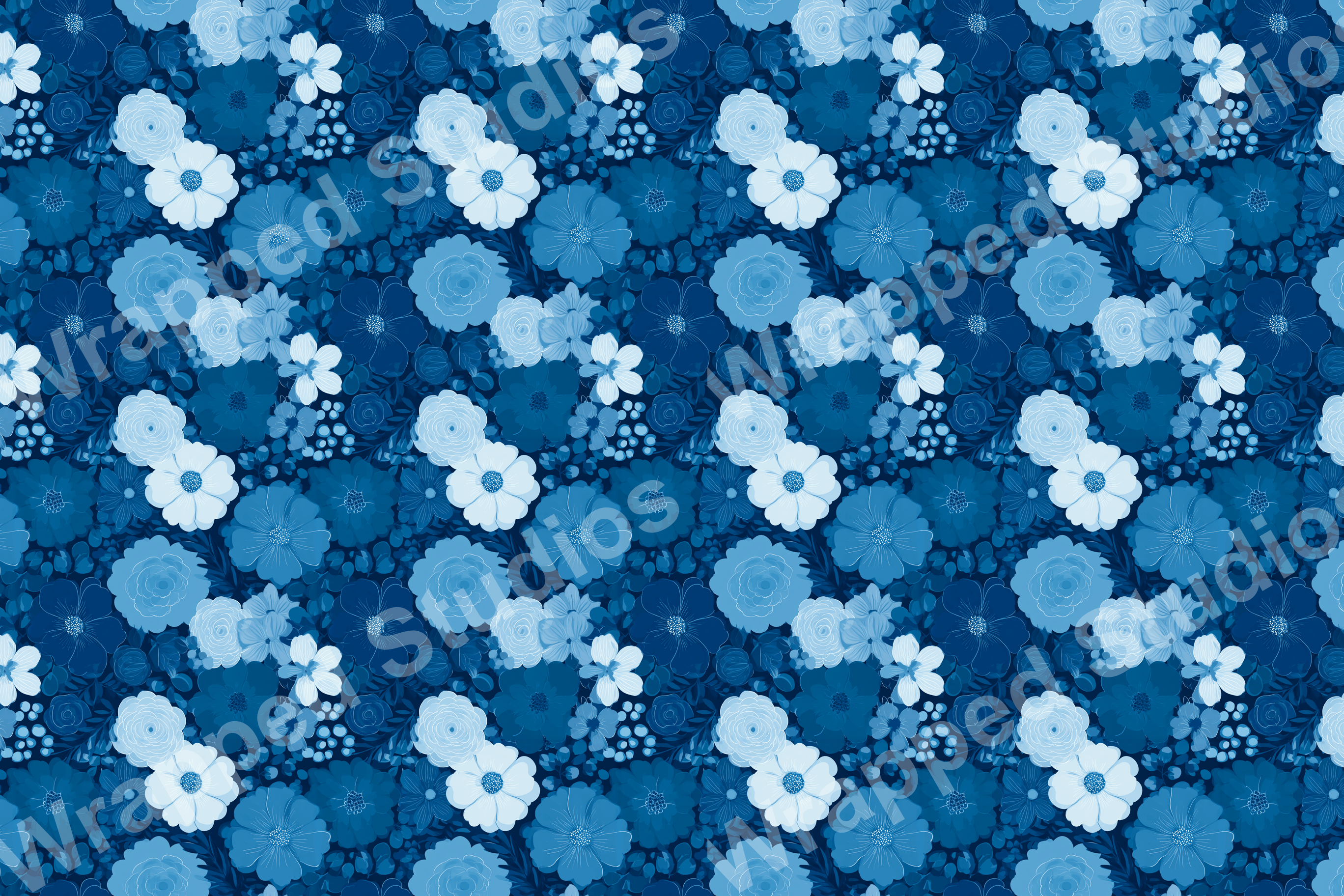 Monochromatic blue floral pattern featuring roses, daisies, and foliage in varying shades.