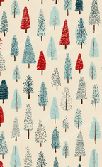A playful forest pattern with hand-drawn red, blue, and white evergreen trees on a cream background.