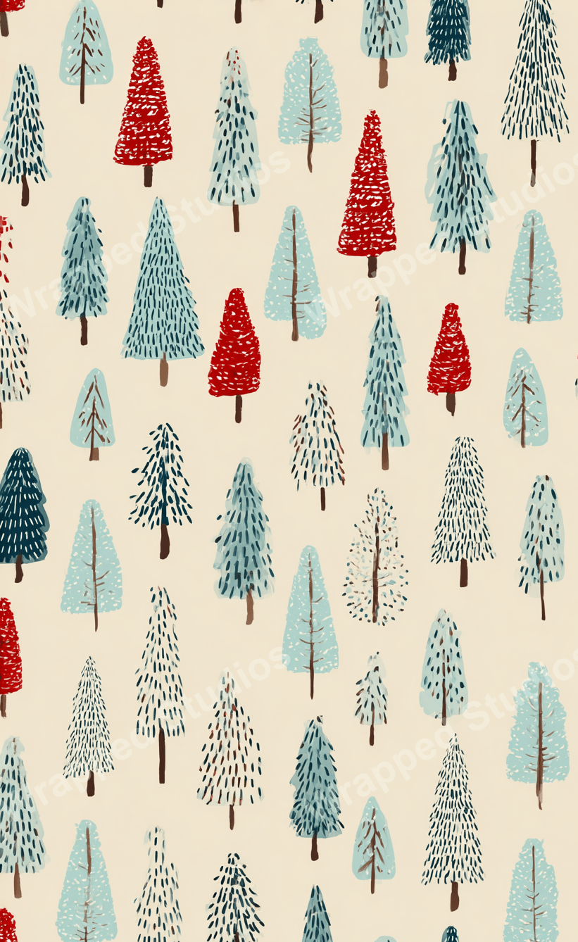 A playful forest pattern with hand-drawn red, blue, and white evergreen trees on a cream background.