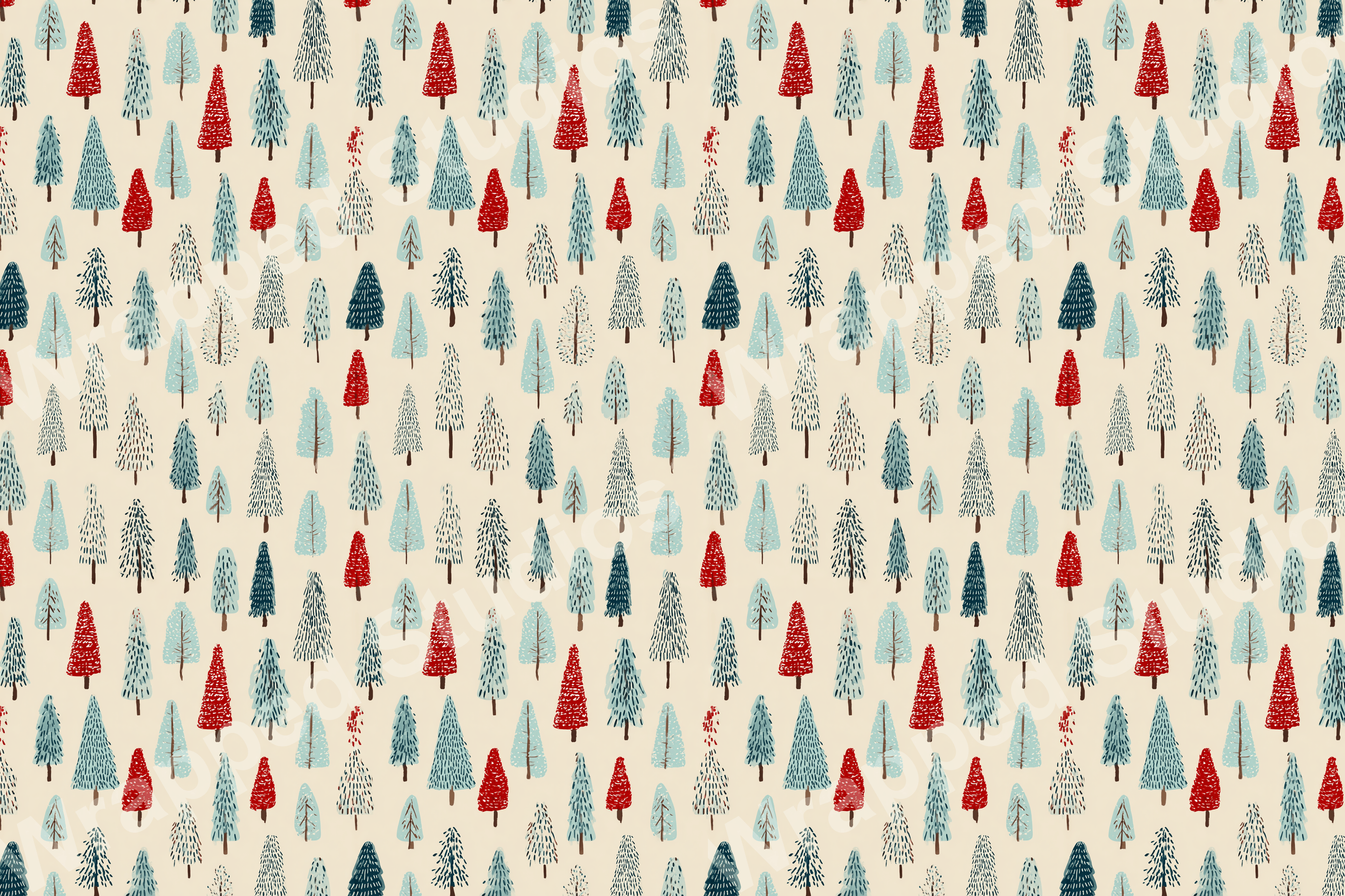 A playful, hand-drawn winter forest pattern with red, blue, and light green trees on a cream background.