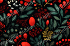 Elegant floral pattern with red, gold, and green botanical elements on a black background.