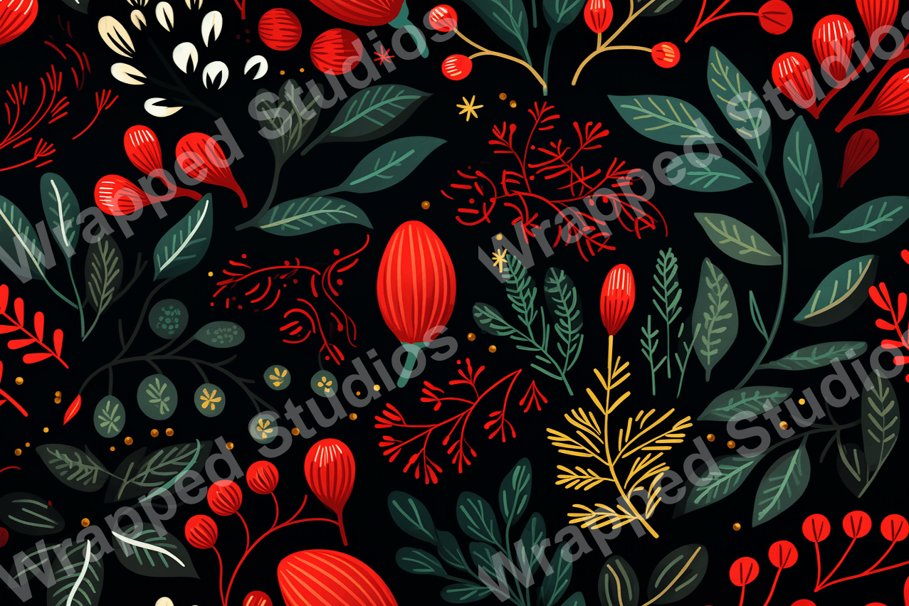 Elegant floral pattern with red, gold, and green botanical elements on a black background.