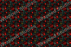 Dark botanical pattern with red berries, sprigs, and leaves; elegant floral design.