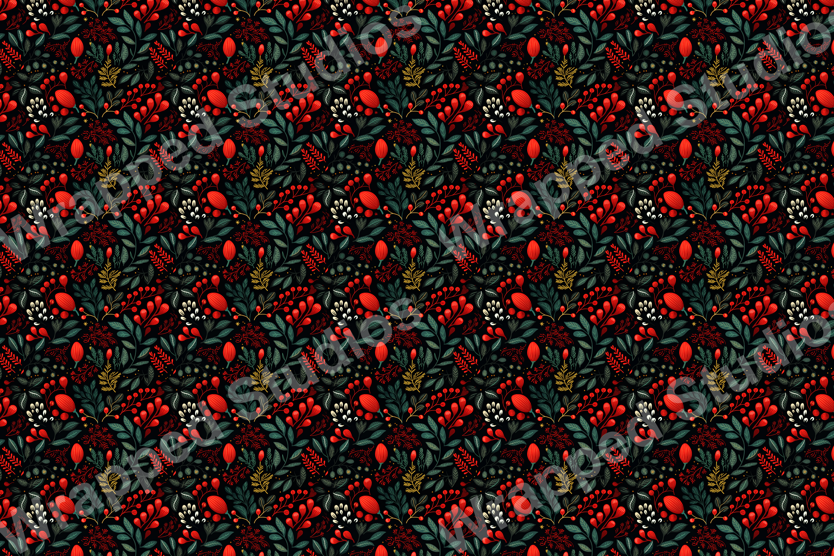 Dark botanical pattern with red berries, sprigs, and leaves; elegant floral design.