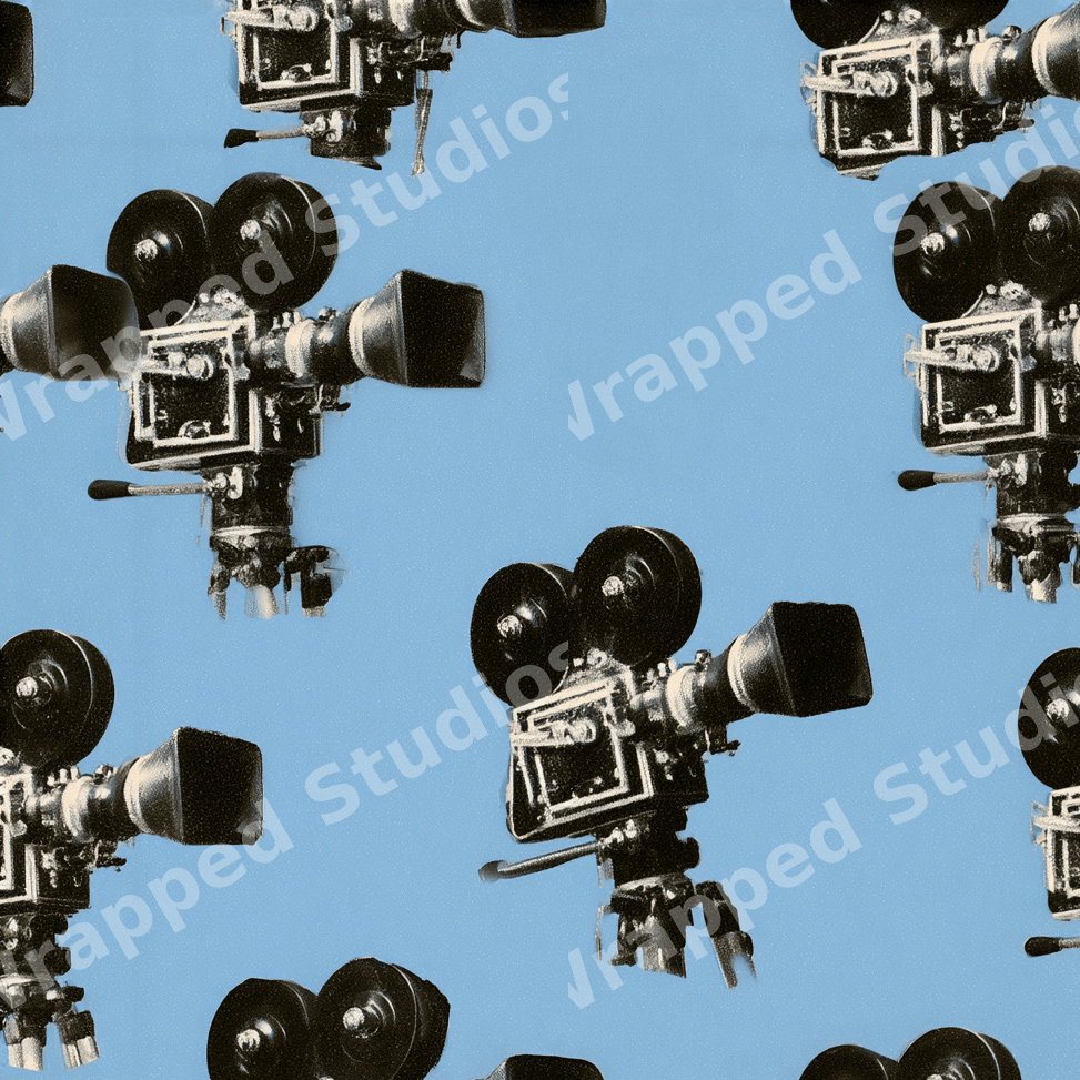 Retro movie camera pattern featuring vintage film cameras on a light blue background.