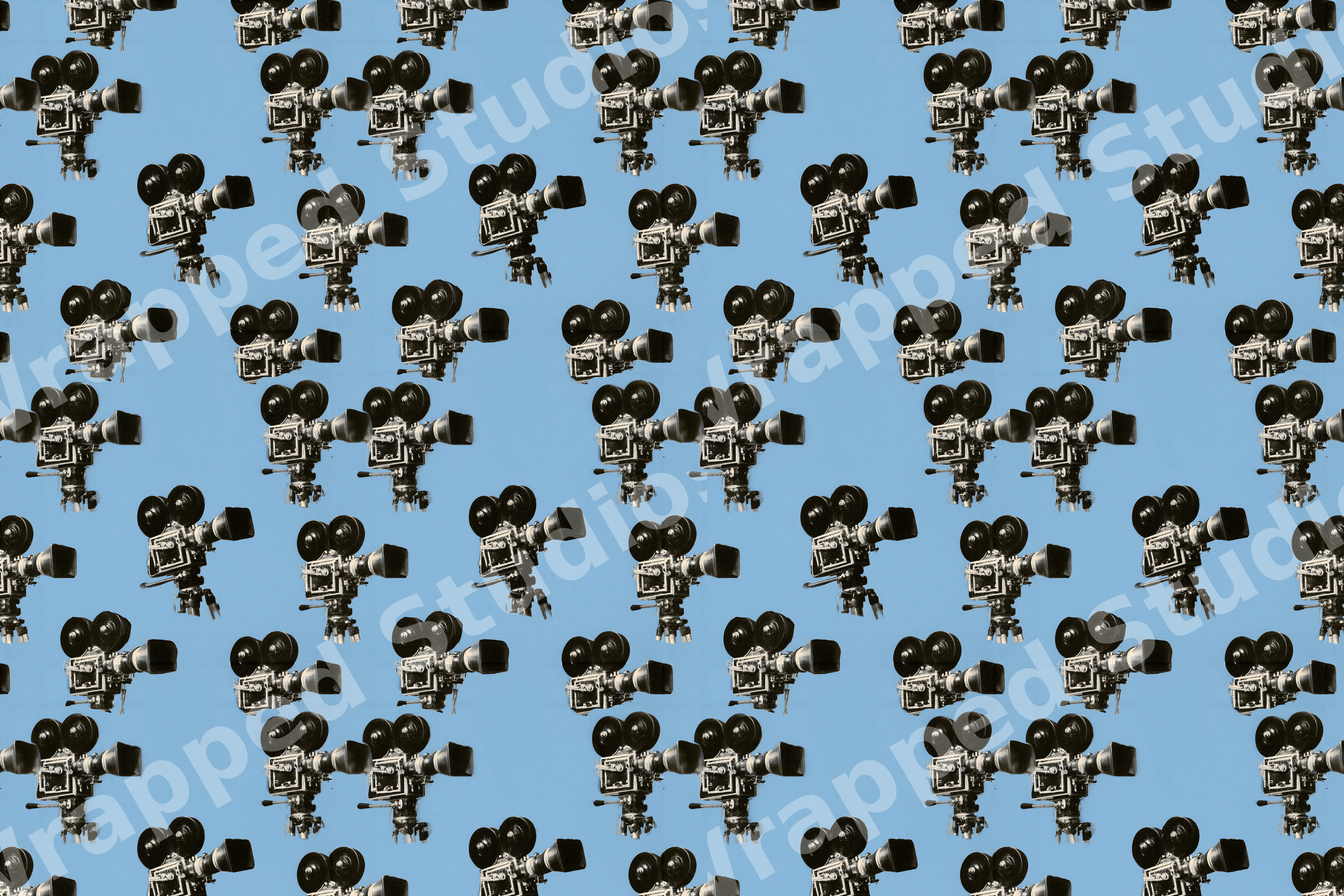 Retro cinema pattern with vintage movie cameras on a light blue background.