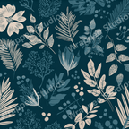 Elegant botanical pattern featuring floral and leaf motifs in a palette of muted blues and beige.