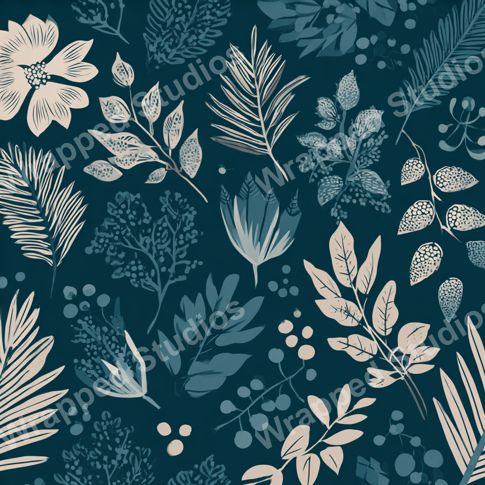 Elegant botanical pattern featuring floral and leaf motifs in a palette of muted blues and beige.