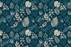 Elegant floral pattern featuring stylized leaves, berries, and blooms in shades of teal and cream.