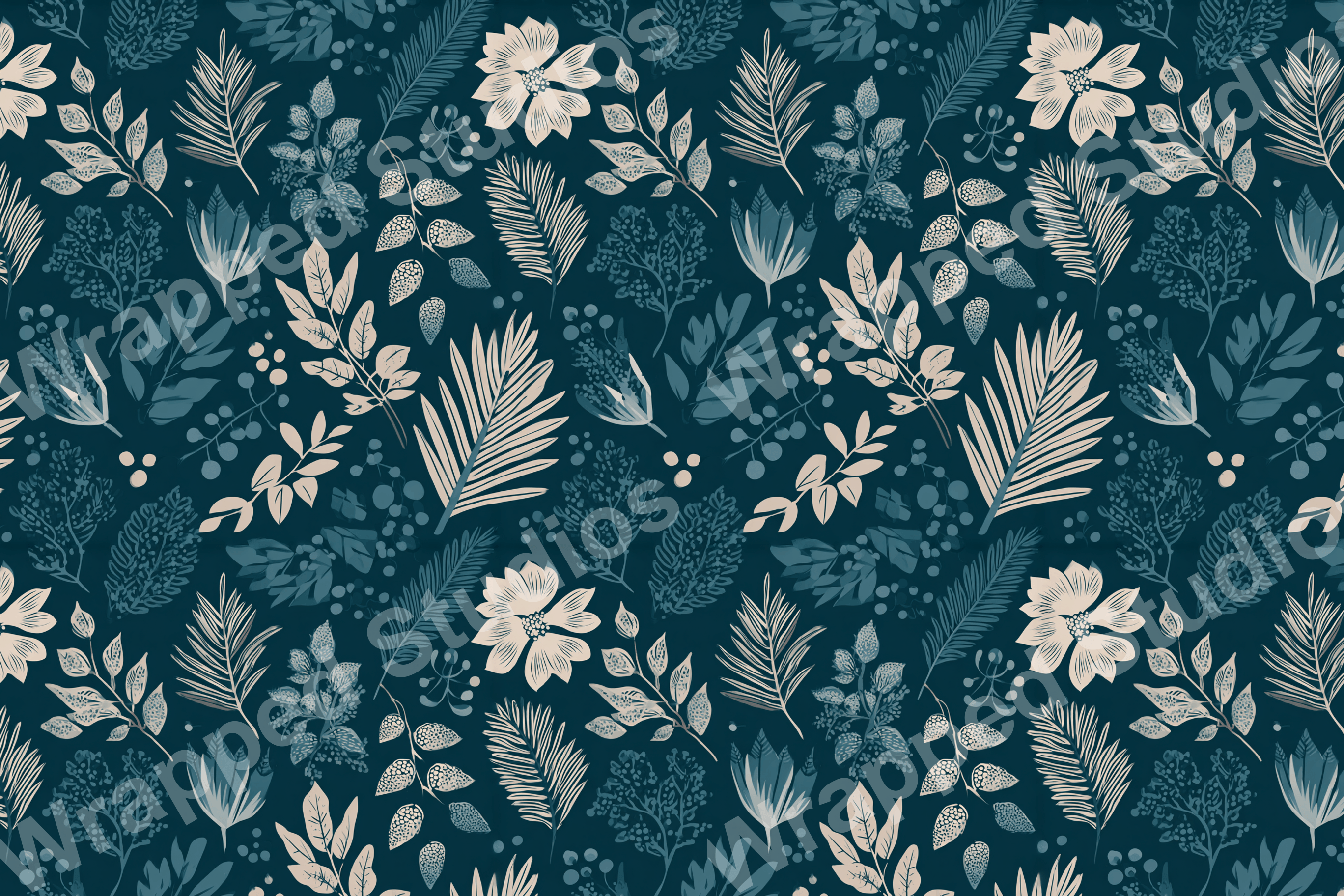Elegant floral pattern featuring stylized leaves, berries, and blooms in shades of teal and cream.