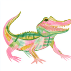 Playful watercolor alligator illustration in vibrant pink and green.