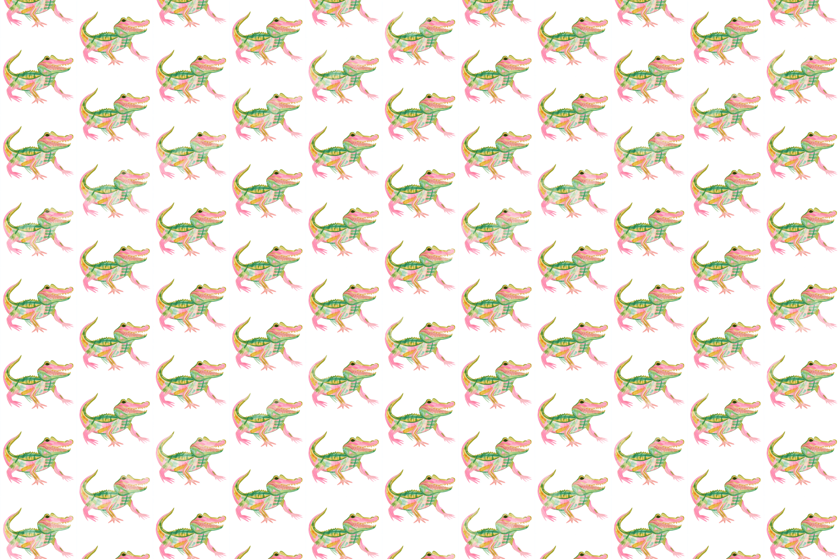 Playful watercolor alligator pattern with cute green and pink reptiles on a white background.