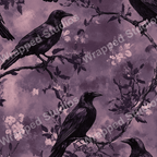 Elegant botanical pattern with black ravens on branches, set against a textured mauve background.