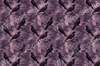 Elegant purple pattern with perched crows and blossoming branches.