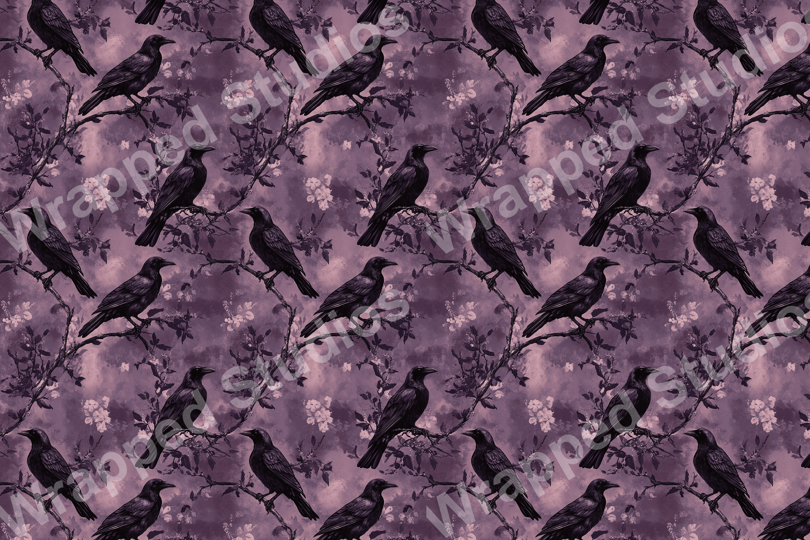 Elegant purple pattern with perched crows and blossoming branches.