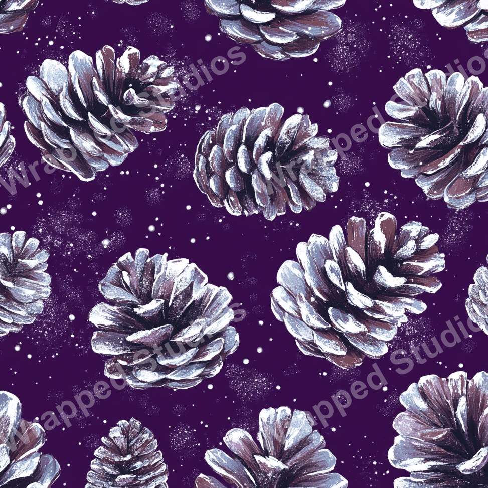 Seamless pattern design with snow-covered pinecones on a dark purple backdrop and subtle speckles.