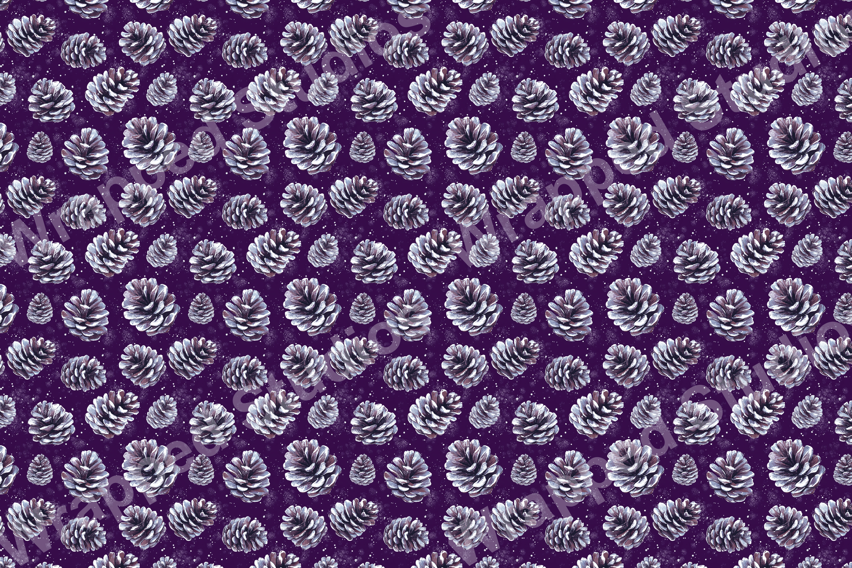 All-over pine cone pattern with a snow effect on a deep purple backdrop.