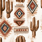 Boho southwestern geometric pattern with watercolor desert cacti and rustic tribal diamonds in earthy tones.