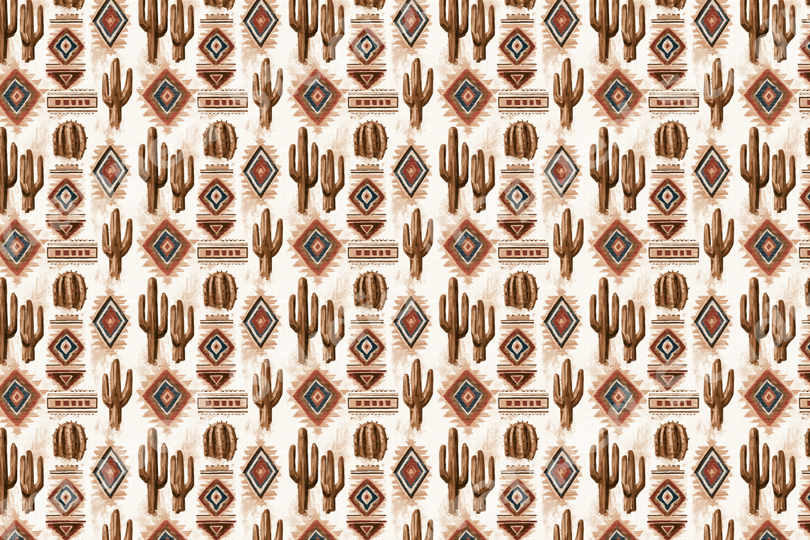 Southwestern saguaro cactus and geometric tribal pattern in rustic terracotta brown and cream.