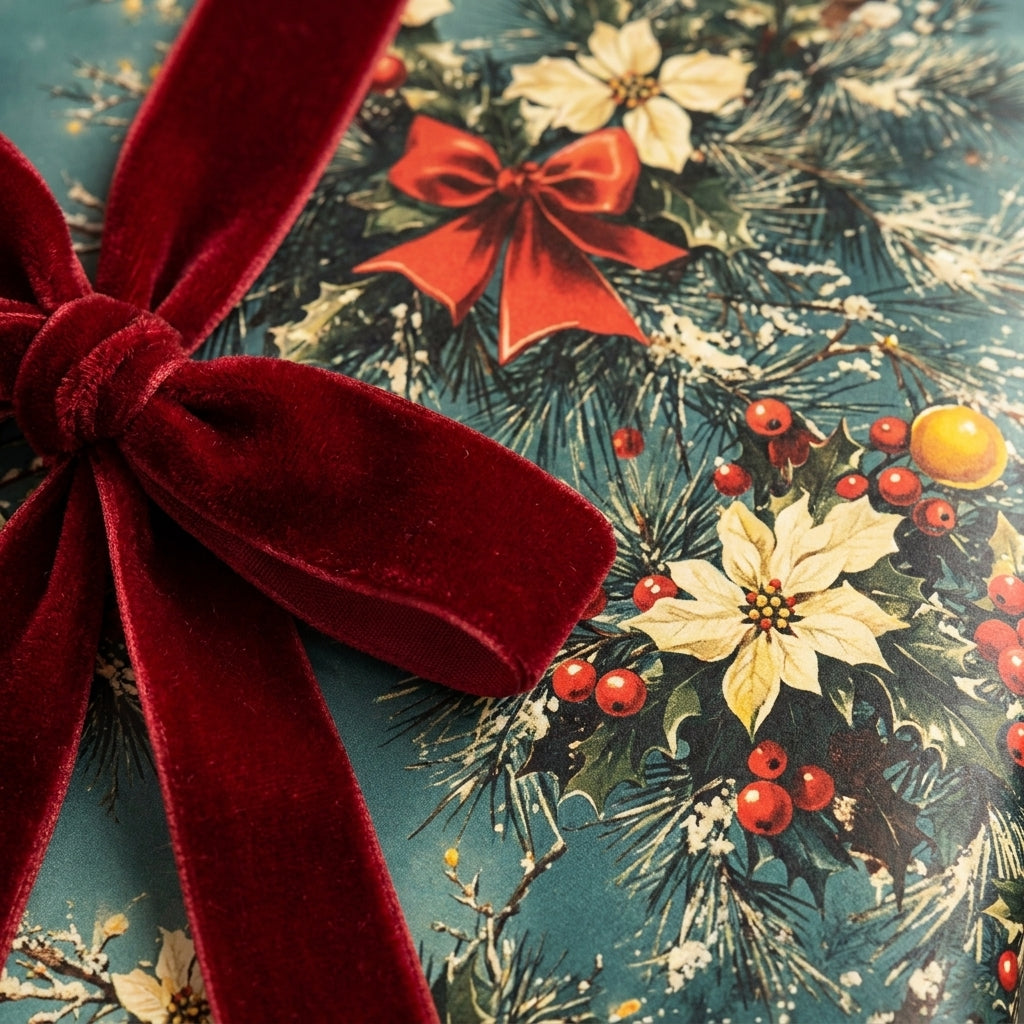 Vintage Christmas wrapping paper with poinsettias and a red velvet ribbon by Wrapped Studios.
