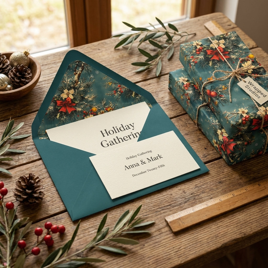 Vintage teal Christmas wrapping paper with botanical pine pattern and holiday invitation by Wrapped Studios.