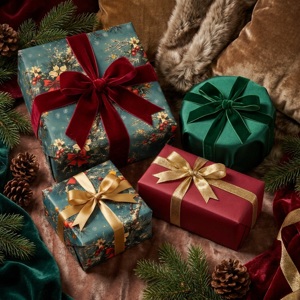 Luxury Christmas wrapping paper by Wrapped Studios in green botanical designs with elegant red velvet bows.