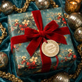 Luxury Christmas wrapping paper by Wrapped Studios featuring a vintage floral pattern and red velvet ribbon.